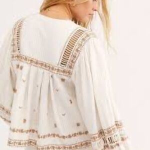 Free People All Roads Lead To You blouse size S boho puff sleeve embroidered